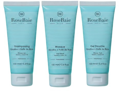 ROSEBAIE | Trio Découverte Ricin et Kératine | Pousse et Hydratation | Shampoing 100ml | Masque Après Shampoing 100ml | Gel Douche Vanille | Sans Sulfates | Compatible Voyage