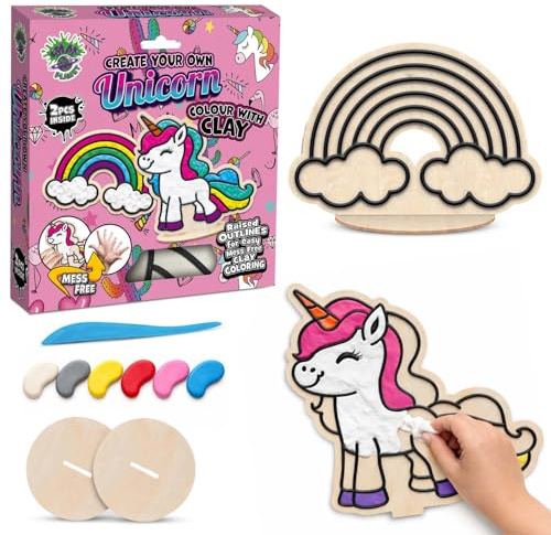 Einhorn-Knetset für Kinder – 2er-Pack DIY 3D-Knetkunst-Set mit lufttrocknender Knete, sauberes Kneten, kreatives Bastelset für Kinder, Einhorn-Bastelgeschenk. Maße: 20 x 20 cm (8 x 8 Zoll)