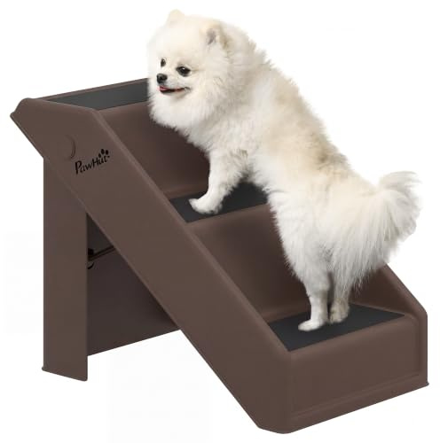 PawHut Hundetreppe 3 Stufen 36,5 cm Hoch Kleine Hunde Klappbar Braun | Haustiertreppe, Katzentreppe, Hunderampe, Einstiegshilfe für Bett, Sofa, Couch und Auto
