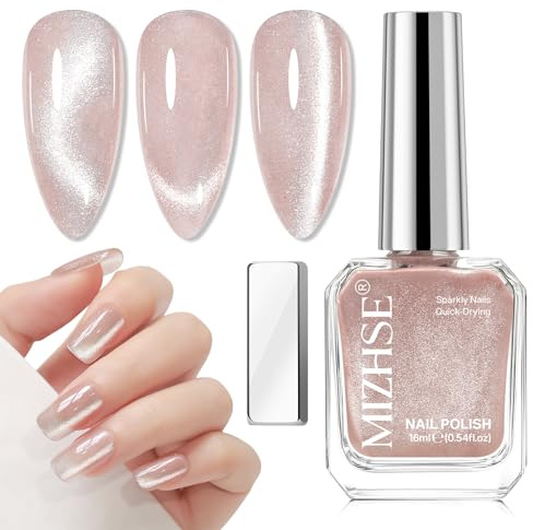 MIZHSE Cat Eye Nail Polish Pink Magnetic Catseye Nails Varnish Quick Dry | Nails Polish Non Gel, Glitter Cats Eye, Home DIY Nail Art, Salon Manicure, 16ml