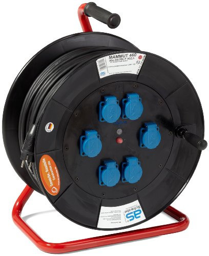 as - Schwabe Mammut Kabeltrommel 80 m H07RN-F 3G2,5 mit Schutzkontaktstecker 230V/16A, 6 x Schutzkontaktsteckdosen 230V/16A, Thermoschutzschalter, Tragegestell, IP44, 26100
