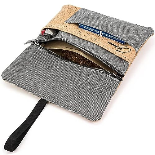 Simaru Portatabacco Borsello in robusto sughero/cuoio di sughero e tessuto di cotone organico, disegnato in modo geniale e innovativo con vano per accendino, filtri e cartine (Grigio & Beige)