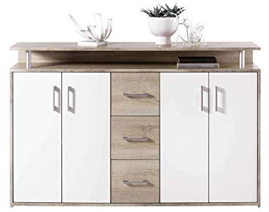 Avanti Trendstore - Doro - Kommode aus Holzdekor, mit 1 offenen Ablage, 3 Schubladen und 4 Türen, in 2 verfügbar, Maße BHT 139x90x34 cm (Eiche Sonoma hell - weiß)