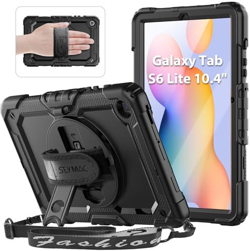 SEYMAC Coque pour Samsung Galaxy Tab S6 Lite 10,4 2024/2022/2020, Coque Antichoc avec Protecteur d'écran, Support Rotatif à 360°/Dragonne, Bandoulière, avec Porte-Stylo, Noir