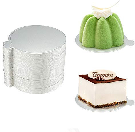 Favengo 100 PCS Planches à Gâteaux en Papierstau 9cm Support Gateau Rond Pratique Plateau Gâteaux Assiettes Durable pour Pâtisserie Chocolat Fraise Biscuits Caramel Anniversaire Mariage - Argent