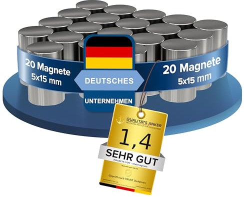 20x Neodym Power Magnet Silber - Stabmagnet extra stark lang - Durchmesser 5x15mm lang - Starke Magneten Supermagnet - Haftkraft ca. 1,2 kg - Magnete für Whiteboard, Pinnwand, Magnettafel, Werkstatt