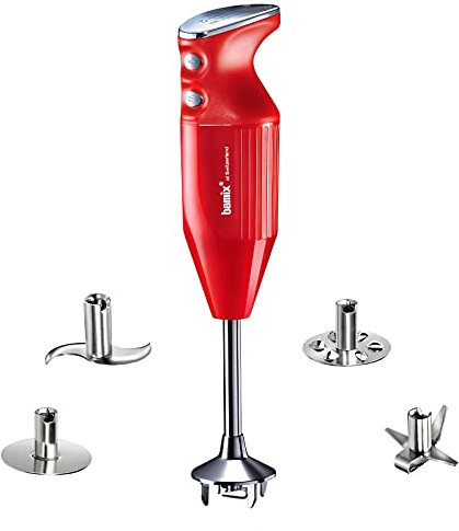 bamix Frullatore a immersione M350 MAXX incl. lama multiuso, per carni e verdure, frusta, frullino in acciaio inox, 300 watt, 2 velocità, Made in Switzerland, Rosso/cromo