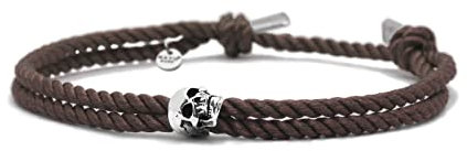 Nato Cuff - Bracelet Skull Tête de Mort en Argent 925 - Cordon en Soie de Milan - Bijou Homme ou Femme Fait Main en France (Marron)