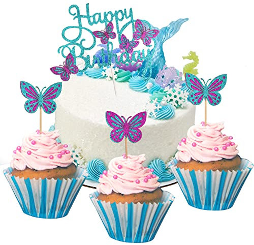 13 Stück Cake Topper Schmetterling, Tortenstecker Geburtstag Mädchen, 12 Schmetterlinge Kuchenstecker Beidseitig + Happy Birthday, Kuchen Topper Glitzer Tortendeko für Cupcake