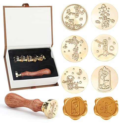 Wachssiegel Stempel Set, 6PC Klassische Wachs Siegel Stempel Messingköpfe mit 1 Holzgriff, Vintage Wax Seal Stamp Kit für Karten Umschlag Postkarte Etikett Hochzeit Einladung