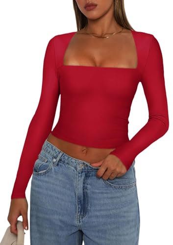 YILEEGOO Women Y2K Long Sleeve Tops Sexy Low Cut Square Neck Basic Tops Blouse Casual Slim Fit Solid Color Crop Top Tight T-Shirt (Red, M)