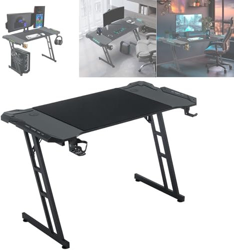 ACXIN Gaming Tisch mit LED, 120 x 60 cm Computertisch mit Kopfhörerhaken und Getränkehalter, Z-förmige Konstruktion, Ergonomische Gestaltung Gaming Schreibtisch Kohlefaser Schwarz