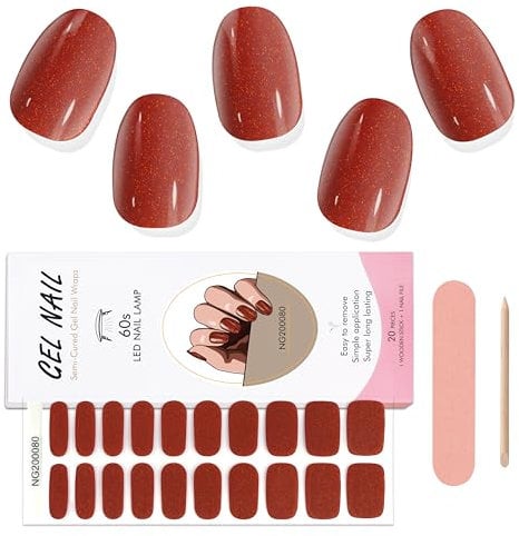 EBANKU 20PCS Gel Nail Stickers, Red Glitter Gel Nail Strips Long Lasting Gel Strips for Nails UV Gel Nail Stickers with Nail File & Wooden Stick for Women Manicure