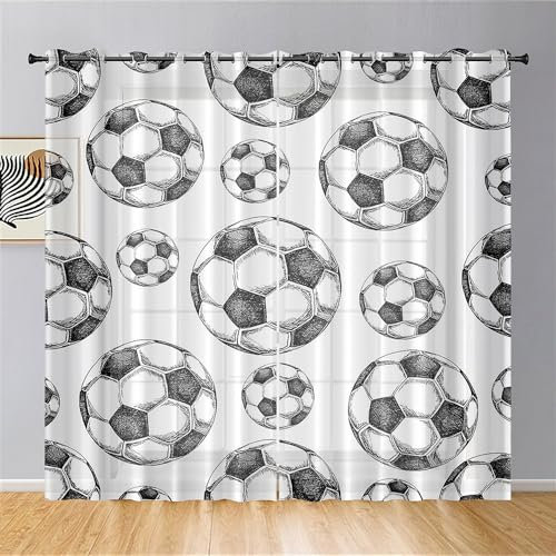 Surwin 2 Stück Gardinen mit Ösen, Fußball Drucken Vorhänge, Modern Transparent Vorhänge Wohnzimmer Polyester Gardinen Küche Fenster Wohnzimmer Schlafzimmer (Grauer Fußball,132x244cm)
