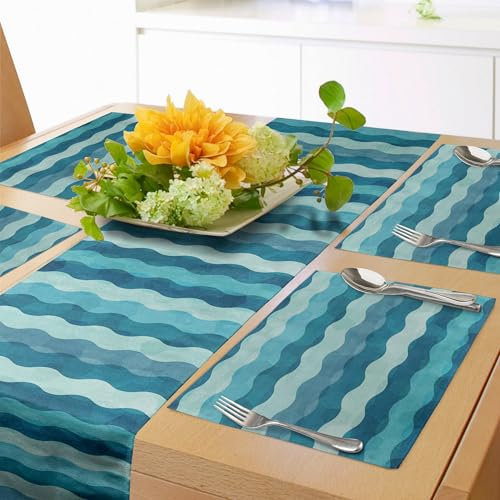 ABAKUHAUS Abstrakt Tischläufer & 4 Stück Tischsets, Ozean-themenorientierte Wellen-Entwurfs-Marine-Grafik-Wasserfarbpaletten-horizontale Linien, Tischdeko-Set, 180 x 40 cm, Teal Türkis