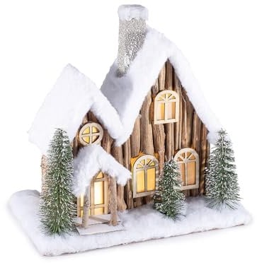 Gruppo Maruccia - Casetta Innevata in Legno e Pelo Sintetico - Decorazione Natalizia da Appoggiare con Luci - Idea Regalo