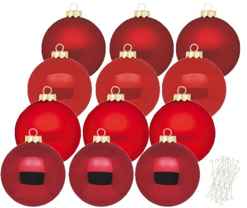 Inge Glas große Weihnachtskugeln mit Haken | Christbaumkugeln aus Glas | Set 12 Kugeln 8cm groß und 40 Aufhänger | Christbaumschmuck Weihnachtsbaumkugeln (Ruby Red | rot)