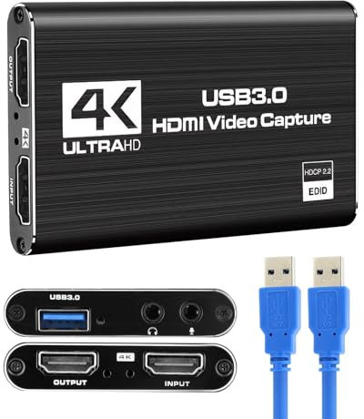 4K HDMI Video Capture Card, USB 3.0 Video Capture Device Full, HD 1080P 60FPS Game Capture Card for Streaming Recording PS5 Nintendo Switch Xbox Camera PC OBS
