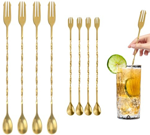 Diakey 8-teilige Bar Löffel Cocktailrührer zum Mischen von Getränk, 26cm bis 32cm, Edelstahl, langer Griff Spiral Rührlöffel mit Dreizack Spitze (Gold)