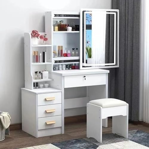 Dressing Table with Light, Vanity Desk with 4 Drawer, Adjustable Brightness, Large HD Mirror, 6 Storage Areas, Dressing Table with- Mirror and Stool, Wooden White Makeup Desk for Bedroom White