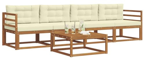 vidaXL Outdoor-Sofagarnitur mit Kissen 5 pcs Natur und Creme, Stylische Gartenmöbel, modernes Sofa-Set, langlebige Möbel für Poolbereich, Bequeme Sitzgelegenheiten für die Terrasse