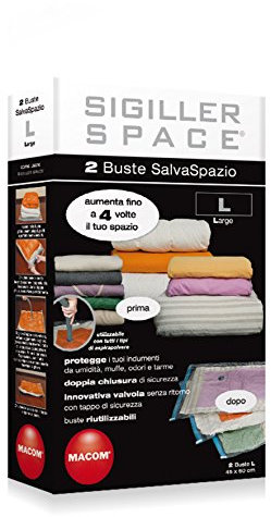 MACOM Sigiller Space 808 L Confezione 2 Sacchi Sottovuoto Salvaspazio per Indumenti 45x60 cm