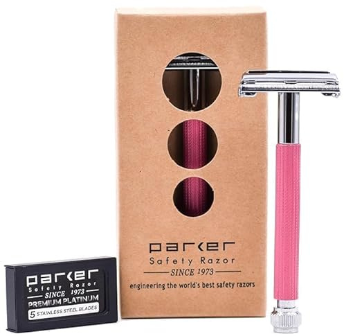 Parker 29L Pink, Rasierhobel mit Butterfly-Open-Doppelklinge und langem Griff für Damen, 5 Parker Premium Platinum Doppelklingen-Rasierklingen im Lieferumfang enthalten