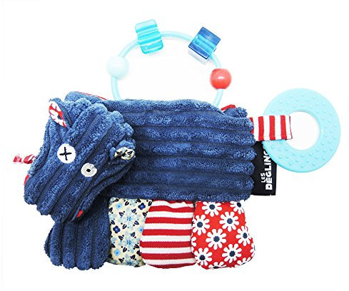 LES DEGLINGOS - Hochet d'Activités Hippipos l'hippopotame - Bleu - Jouet d'éveil pour bébé avec anneau de dentition - Idée cadeau - Dès la naissance -17cm
