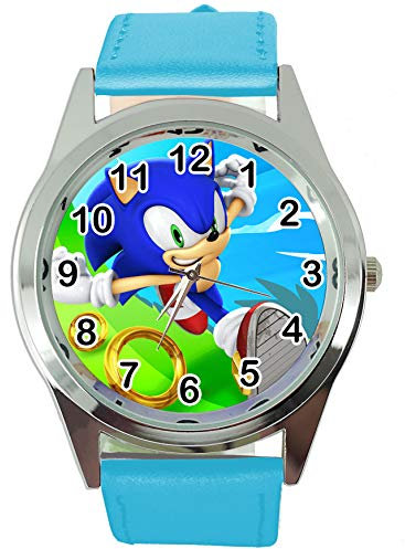 Taport® Quarzuhr blau Lederband rund für Sonic The Hedgehog Fans E3