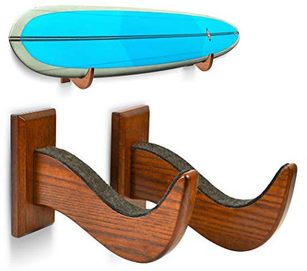 TESLYAR Surfbrett Wandhalterung - Holz Surfbrett Rack zur Wandaufbewahrung - Massivholzhaken für Surfbrett, Snowboard, Paddle Board & Wakeboard - Wave Style