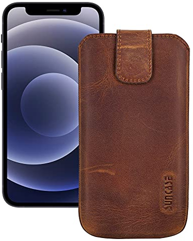 Suncase Etui Tasche kompatibel mit Apple iPhone 12 mini (5.4) mit ZUSÄTZLICHER Hülle/Schale/Bumper/Silikon *Lasche mit Rückzugfunktion* Handytasche Ledertasche Schutzhülle Case in antik-Coffee