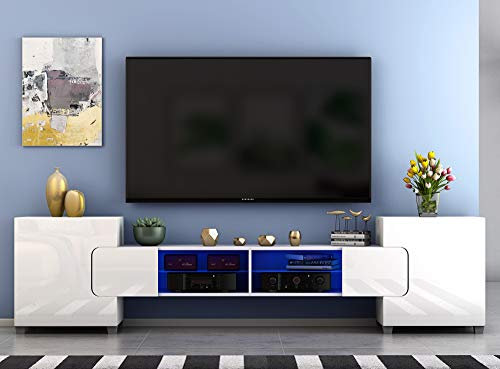 Meuble TV LED en MDF avec 4 Compartiments de Stockage + 2 Portes sur Salon et Chambre à Coucher, 230 x 35 x 53 cm (Blanc)