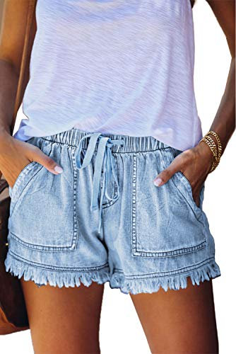 HVEPUO Short d'été, large, pour femmes, en coton et lin, avec ceinture élastique, A-bleu clair., M