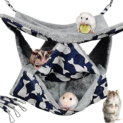 Pet Cage Hammock, 3-Layer Hamster Hanging Bed Plush Sugar Glider Cage Chinchilla Swing Nest Guinea Pig Nap Sack Warm Ferrets Hideout Accessories Toy for Small Animals Rat Rabbit Squirrel (M-Whale)