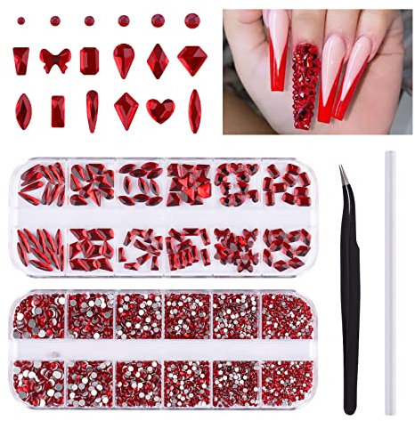 EBANKU 3120Pcs strass rossi per unghie, gemme di cristallo per unghie, kit gioielli di forma mista diamanti con pinzette e penna a cera per artigianato e unghie