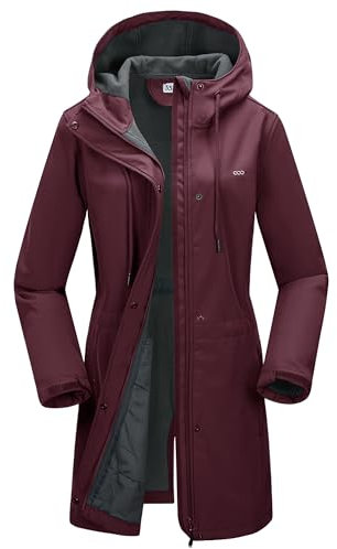 33,000ft Women’s Softshell Jacket with Hood Waterproof Ladies Functional Jacket Fleece Lined Windbreaker Breathable Raincoat Hooded Long Coats for Cycling Hiking Outdoor Wine Red XL