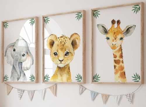 Eviepops Prints Set aus 3 Safaritieren für Kinderzimmer von Jungen und Mädchen, Ungerahmter Druck, Schlafzimmerdekor, Dschungeldekoration, Dekor im Babyzimmer, elefant giraffe löwe (A4)