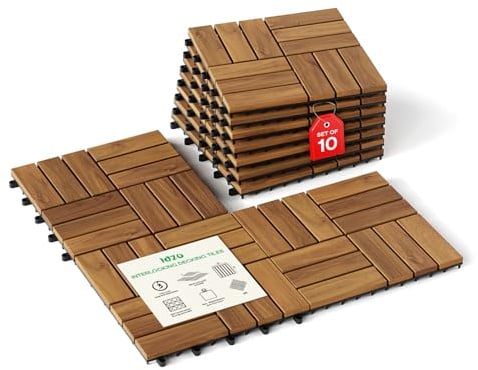 Idzo Terrassenfliesen aus Akazienholz, ineinandergreifend, wasserdicht, für Innen- und Außenbereich, 12 Latten aus Teakholz, 30,5 x 30,5 x 2,3 cm, 10 Stück (J06P)