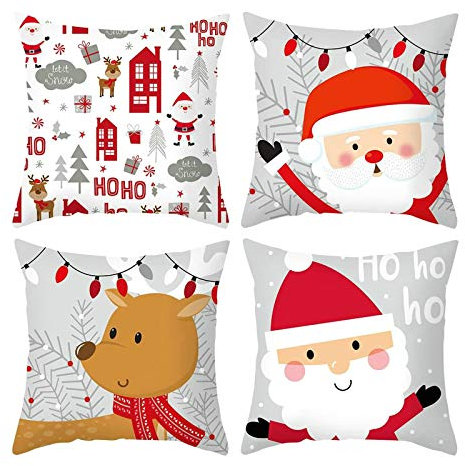 Bishilin Kissenbezüge 40x40 Leinen, Kissenhüllen 4er Set Karikatur Weihnachtsmann Hirsch Hohoho Kissenhülle Weihnachten Kissenbezug Modern für Sofakissen