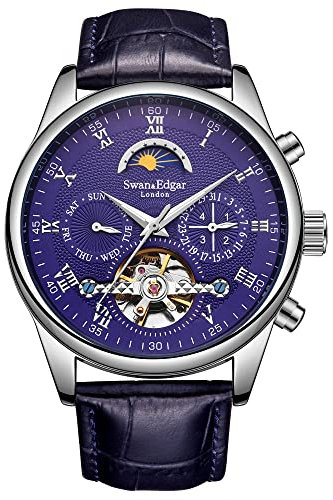 SWAN AND EDGAR Complexity Designer-Herren-Armbanduhr mit Tag-Nacht-Anzeige, Tag-, Datums- und Geschäftsviertel, Lederarmband, analoge Herren-Armbanduhr mit 5 Jahren Garantie, Silver Blue