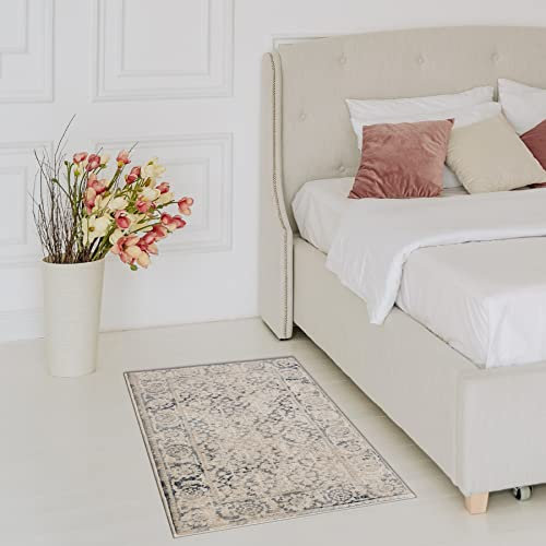 Teppich Wolle NAIN für Wohnzimmer Schlafzimmer beige/dunkelblau 80x150 cm