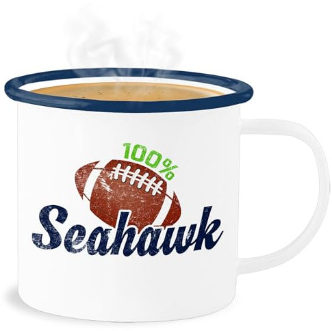 Emaille Becher Blechbecher - Deko Tasse Hobby Geschenk - 100% Seahawk - 300 ml - Weiß Blau - football football/seahawks american