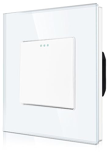 CNBINGO Rocker Interruptor de luz de 1 vía, interruptor de luz de cristal, moderno panel de pared con puntos luminosos, color blanco