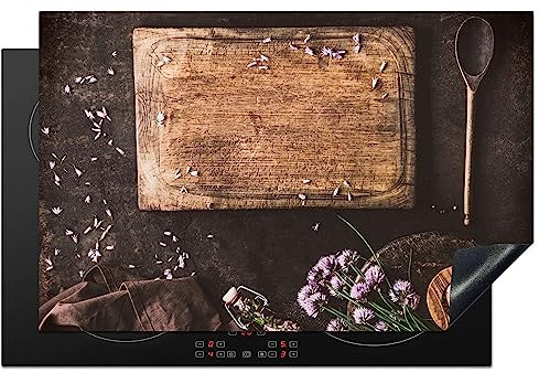 KitchenYeah© Herdabdeckplatte Einteilig Abdeckplatten Cerankochfeld Abdeckung Ceranfeld Herdplattenabdeckung Induktionsmatte Schneidebrett - Kräuter - Löffel - Mörser - Schnittlauch - 80x52 cm