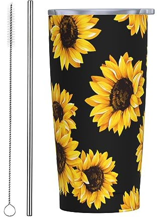 Kaireno Sunflower Tumbler Sunflowers Stainless Steel Insulated Tumblers with Lid Straw Reusable Yellow Flora Coffee Travel Mug Drinking Water Wine Smoothie Cups Birthday Gifts for Women 20 Oz