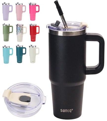 SUNTQ 30oz Mug Isotherme avec Paille et Poigné - Gobelet Paille de Bureau et Voiture en Acier inoxydable, Élégant et Durable - Gobelet Isotherme pour les boissons chaudes et froides(Noir)