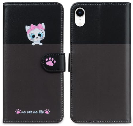 Nbziyoo Phone Case for iPhone XR,Cartoon Cats/Dogs Patterns Flip Wallet Case with Card Slots, Premium Magnetic PU Leather Cover Case for iPhone XR, Dark Gray
