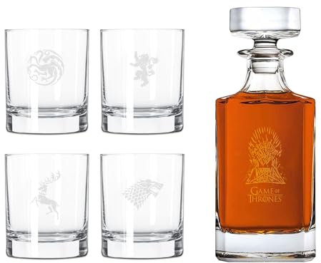 Juego de 4 Vasos de Whisky de Game of Thrones y Botella de Whisky con Grabado, en Caja de Regalo