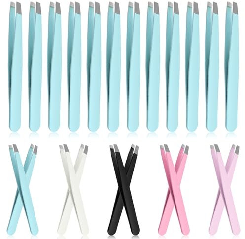 GLARKS Lot de 12 pinces à épiler à pointe inclinée en acier inoxydable bleu