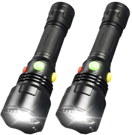 MODOAO 4 en 1 Linterna Multicolor, 2 Pack IPX6 Linternas Magnéticas Impermeables, 9 Modos Linterna LED con Luz Blanca/Roja/Verde/Amarilla, para Visión Nocturna, Camping, Senderismo, Pesca